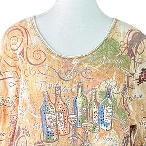 Cactus Bay Vintage Y2K Wine Print Embellished 3/4 Sleeve‎ Knit Top XL Tan